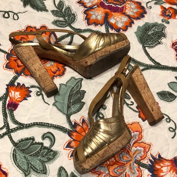 Prada Leather Gold Cork Slingback Heels size 38.5 - Picture 16 of 16